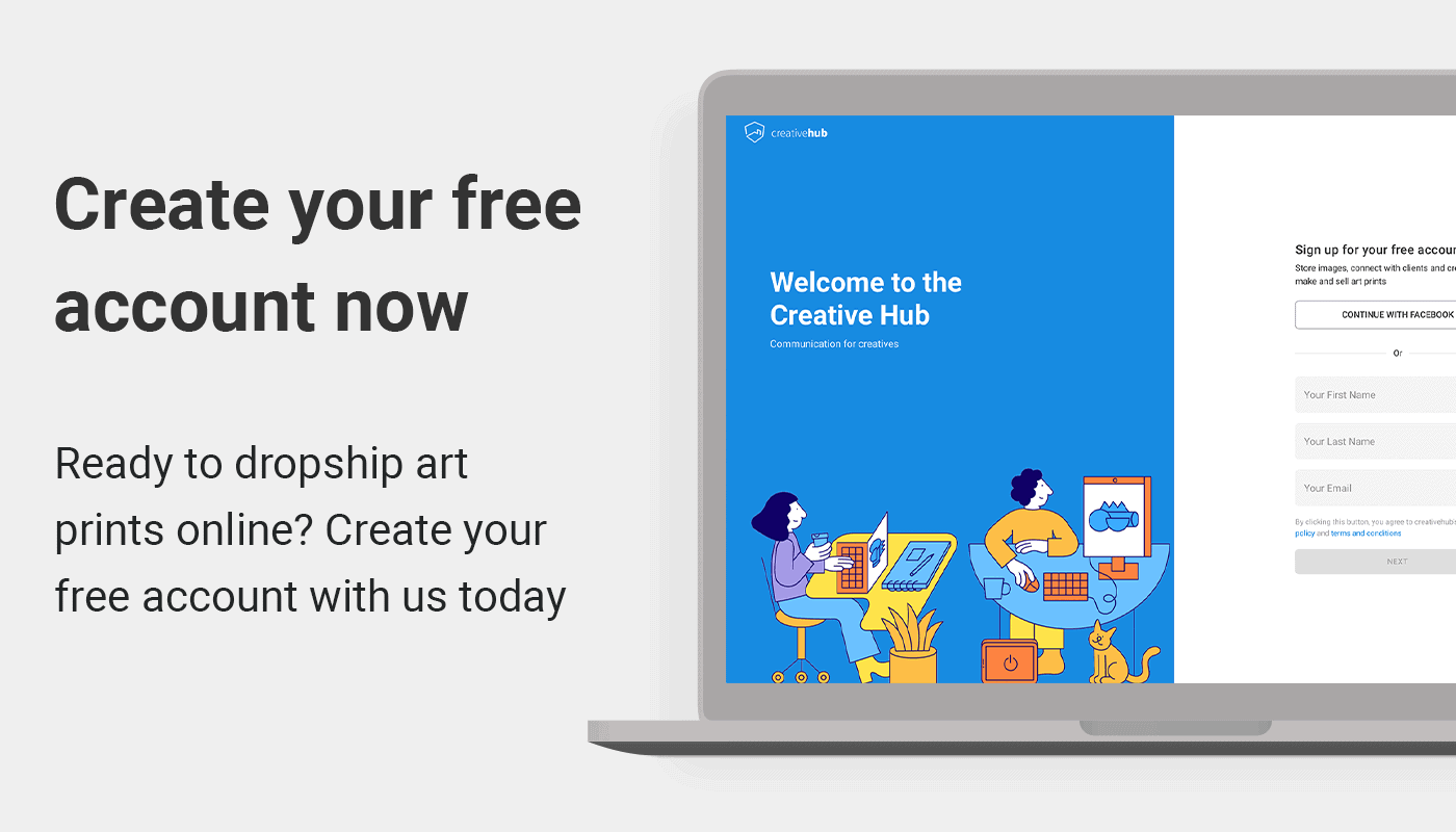 Create your free creative hub account and dropship art prints online